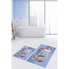 Evdeya Dijital Baskılı Yıkanabilir Renkli Etnik Yaprak Desen Ikili Banyo Halısı, Klozet-25-Mavi,