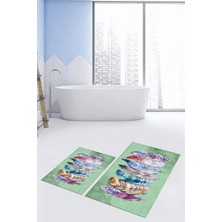 Evdeya Dijital Baskılı Yıkanabilir Renkli Etnik Yaprak Desen Ikili Banyo Halısı, Klozet-25-Yeşil,