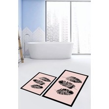 Evdeya Dijital Baskılı Yıkanabilir Renkli Yapraklı Desen Ikili Banyo Halısı, Klozet-26-Pembe,