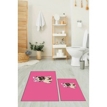 Evdeya Dijital Baskılı Yıkanabilir Sevimli Köpek Ikili Banyo Halısı Paspas, Klozet-38-Pembe,