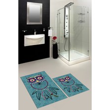 Evdeya Dijital Baskılı Yıkanabilir Baykuş Desenli Ikili Banyo Halısı Paspas, Klozet-35-Mavi,