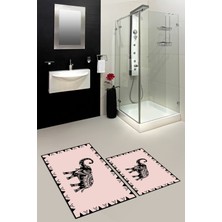 Evdeya Dijital Baskılı Yıkanabilir Fil Desenli Ikili Banyo Halısı Paspas, Klozet-32-Pembe,