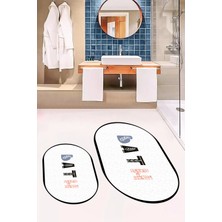 Evdeya Dijital Baskılı Yıkanabilir Renkli Bath Yazılı Ikili Oval Banyo Paspası, Klozet-08-Beyaz,