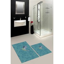 Evdeya Dijital Baskılı Yıkanabilir Modern Kuş Desenli Ikili Banyo Halısı Paspas, Klozet-36-Mavi,