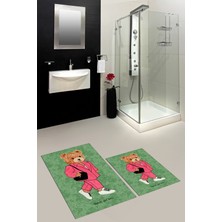 Evdeya Dijital Baskılı Yıkanabilir Ayıcık Desenli Ikili Banyo Halısı Paspas, Klozet-34-Yeşil,