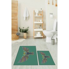 Evdeya Dijital Baskılı Yıkanabilir Rengarenk Baykuş Ikili Banyo Halısı Paspas, Klozet-37-Yeşil,
