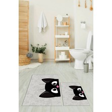 Evdeya Dijital Baskılı Yıkanabilir Kedi Desenli Ikili Banyo Halısı Paspas, Klozet-40-Gri,