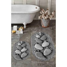 Evdeya 3d Dijital Baskılı Yıkanabilir Ayak Izi Desenli Ikili Oval Banyo Halısı Paspas, Klozet-15-Gri,
