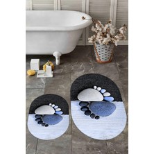 Evdeya 3d Dijital Baskılı Yıkanabilir Ayak Izi Desenli Ikili Oval Banyo Halısı, Klozet-17-Mavi,