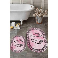 Evdeya Dijital Baskılı Yıkanabilir Çerçeveli Ayak Izi Desenli Ikili Oval Banyo Halısı, Klozet-19-Pembe,