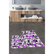 Evdeya 3d Dijital Baskılı Yıkanabilir Kelebek Desenli Ikili Banyo Halısı Paspas, Klozet-44-Mor,