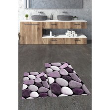 Evdeya 3d Renkli Taş Desenli Yıkanabilir Kolay Silinir Ikili Banyo Halısı Paspas, Klozet-46-Mor,