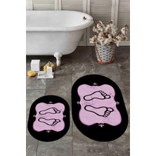 Evdeya Dijital Baskılı Yıkanabilir Modern Ayak Izi Desenli Ikili Oval Banyo Halısı, Klozet-20-Pembe,