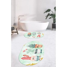 Evdeya Dijital Baskılı Yıkanabilir Renkli Kaktüs Desenli Ikili Banyo Halısı Oval, Klozet-24-Yeşil,