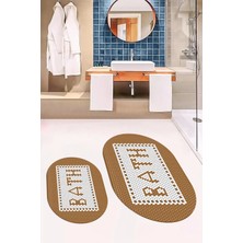 Evdeya Dijital Baskılı Mozaik Desenli Bath Yazılı Ikili Oval Banyo Paspası, Klozet-07-Kahve,