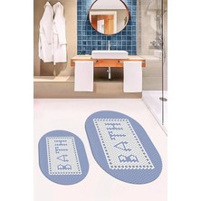 Evdeya Dijital Baskılı Mozaik Desenli Bath Yazılı Ikili Oval Banyo Paspası, Klozet-07-Mavi,