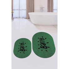 Evdeya Dijital Baskılı Yıkanabilir Bath Yazılı Ikili Oval Banyo Halısı Paspas, Klozet-09-Yeşil,