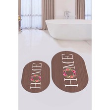 Evdeya Dijital Baskılı Yıkanabilir Çiçekli Home Yazılı Ikili Oval Banyo Halısı Paspas, Klozet-12-Kahve,