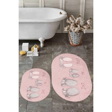 Evdeya 3d Dijital Baskılı Yıkanabilir Anne Baba Çocuk Ikili Oval Banyo Halısı, Klozet-16-Pembe,