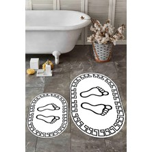 Evdeya Dijital Baskılı Yıkanabilir Çerçeveli Ayak Izi Desenli Ikili Oval Banyo Halısı, Klozet-19-Beyaz,