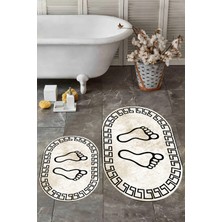 Evdeya Dijital Baskılı Yıkanabilir Çerçeveli Ayak Izi Desenli Ikili Oval Banyo Halısı, Klozet-19-Kahve,