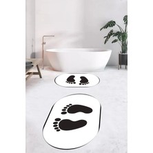 Evdeya Dijital Baskılı Yıkanabilir Sade Ayak Izi Desenli Ikili Oval Banyo Halısı, Klozet-21-Beyaz,