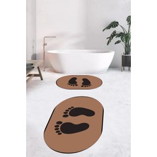 Evdeya Dijital Baskılı Yıkanabilir Sade Ayak Izi Desenli Ikili Oval Banyo Halısı, Klozet-21-Kahve,