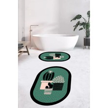 Evdeya Dijital Baskılı Yıkanabilir Kaktüs Çiçek Desenli Ikili Oval Banyo Halısı, Klozet-22-Yeşil,