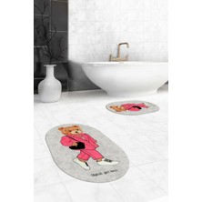Evdeya Dijital Baskılı Yıkanabilir Ayıcık Desenli Ikili Banyo Halısı Paspas Oval, Klozet-34-Gri,