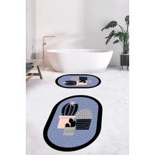 Evdeya Dijital Baskılı Yıkanabilir Kaktüs Çiçek Desenli Ikili Oval Banyo Halısı, Klozet-22-Mavi,