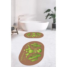 Evdeya Dijital Baskılı Yıkanabilir Kaktüs Desenli Ikili Oval Banyo Halısı Paspas, Klozet-23-Kahve,