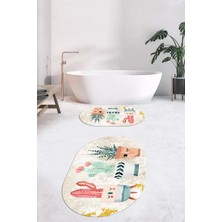 Evdeya Dijital Baskılı Yıkanabilir Renkli Kaktüs Desenli Ikili Banyo Halısı Oval, Klozet-24-Kahve,