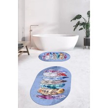 Evdeya Dijital Baskılı Yıkanabilir Renkli Etnik Yaprak Desen Ikili Banyo Halısı Oval, Klozet-25-Mavi,