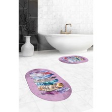 Evdeya Dijital Baskılı Yıkanabilir Renkli Etnik Yaprak Desen Ikili Banyo Halısı Oval, Klozet-25-Pembe,