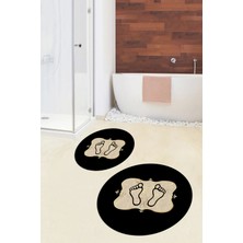 Evdeya Dijital Baskılı Yıkanabilir Modern Ayak Izi Desenli Ikili Yuvarlak Banyo Halısı, Klozet-20-Gold,