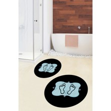 Evdeya Dijital Baskılı Yıkanabilir Modern Ayak Izi Desenli Ikili Yuvarlak Banyo Halısı, Klozet-20-Mavi,