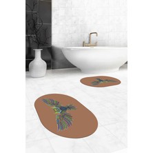 Evdeya Dijital Baskılı Yıkanabilir Rengarenk Baykuş Ikili Banyo Halısı Paspas Oval, Klozet-37-Kahve,
