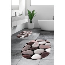 Evdeya 3d Renkli Taş Desenli Yıkanabilir Kolay Silinir Ikili Banyo Halısı Paspas Oval, Klozet-46-Pembe,