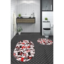 Evdeya 3d Dijital Baskılı Yıkanabilir Kelebek Desenli Ikili Banyo Halısı Paspas Oval, Klozet-44-Kırmızı,