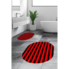 Evdeya Dijital Baskılı Yıkanabilir Çizgili Modern Ikili Banyo Halısı Paspas Oval, Klozet-50-Kırmızı,