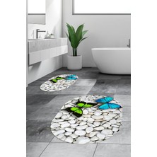 Evdeya 3d Kelebek Desenli Yıkanabilir Kolay Silinir Ikili Banyo Halısı Paspas Oval, Klozet-45-Renkli,