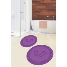 Evdeya Dijital Baskılı Yıkanabilir Çerçeveli Ayak Izi Desenli Ikili Yuvarlak Banyo Halısı, Klozet-18-Mor,