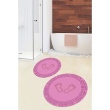 Evdeya Dijital Baskılı Yıkanabilir Çerçeveli Ayak Izi Desenli Ikili Yuvarlak Banyo Halısı, Klozet-18-Pembe,