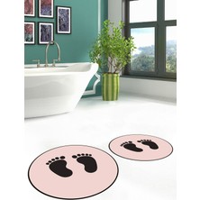 Evdeya Dijital Baskılı Yıkanabilir Sade Ayak Izi Desenli Ikili Yuvarlak Banyo Halısı, Klozet-21-Pembe,