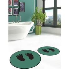 Evdeya Dijital Baskılı Yıkanabilir Sade Ayak Izi Desenli Ikili Yuvarlak Banyo Halısı, Klozet-21-Yeşil,