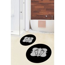 Evdeya Dijital Baskılı Yıkanabilir Modern Ayak Izi Desenli Ikili Yuvarlak Banyo Halısı, Klozet-20-Gri,