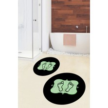Evdeya Dijital Baskılı Yıkanabilir Modern Ayak Izi Desenli Ikili Yuvarlak Banyo Halısı, Klozet-20-Yeşil,