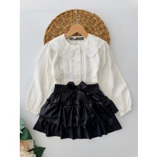 Miniğimin Cicileri Fiyonklu Deri Etekli Güpür Yakalı kız takım - Siyah