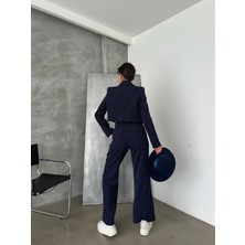 AÈC PRIVÈ Kadın Yeni Sezon Premium Kalite Çizgili Crop Ceket Palazzo Pantolon Ikili Takım 55878