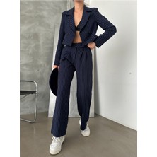 AÈC PRIVÈ Kadın Yeni Sezon Premium Kalite Çizgili Crop Ceket Palazzo Pantolon Ikili Takım 55878